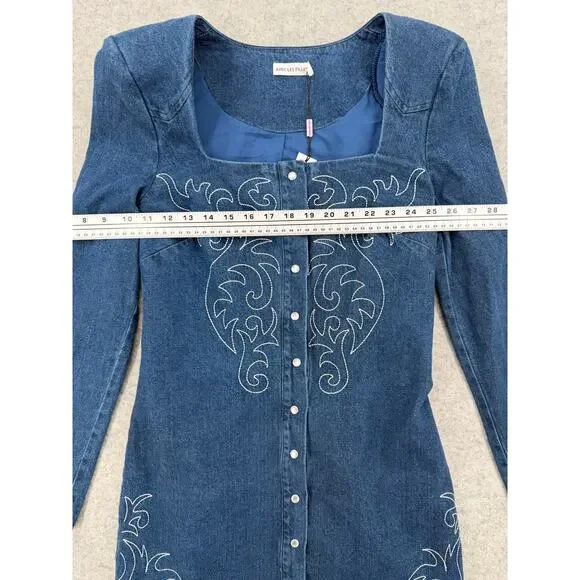 NWT Avec Les Filles Western Portrait-Neck Snap-Front Embroidered Denim Dress - Picture 4 of 11